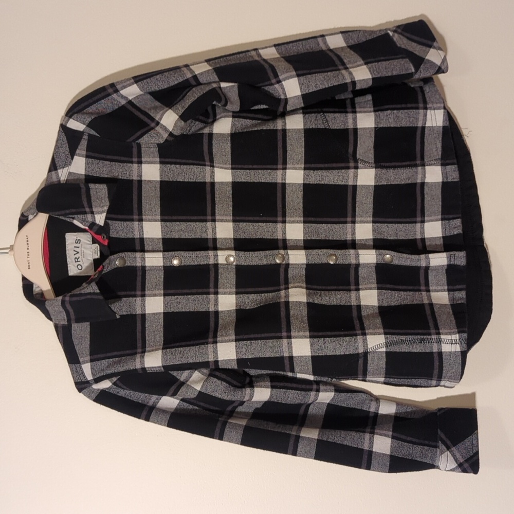 Orvis SzM medium Black White Plaid soft fleece lined plaid shirt snap button top